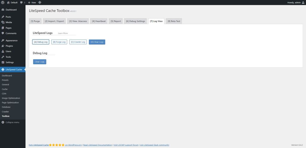 LiteSpeed Cache: Toolbox page > Log View tab.