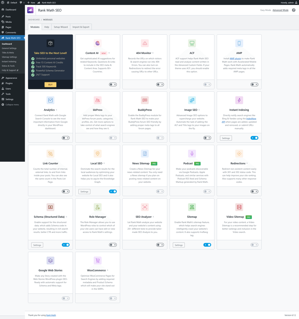 Rank Math Dashboard page.