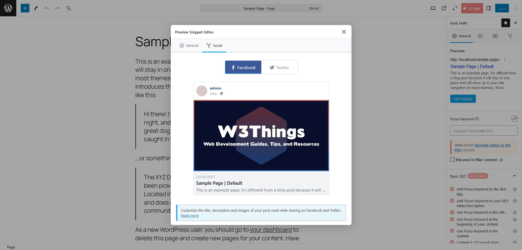 Rank Math Snippet Editor — Social tab.
