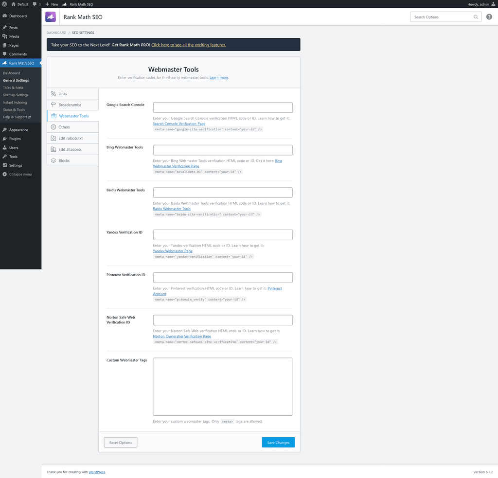 General Settings > Webmaster Tools tab.