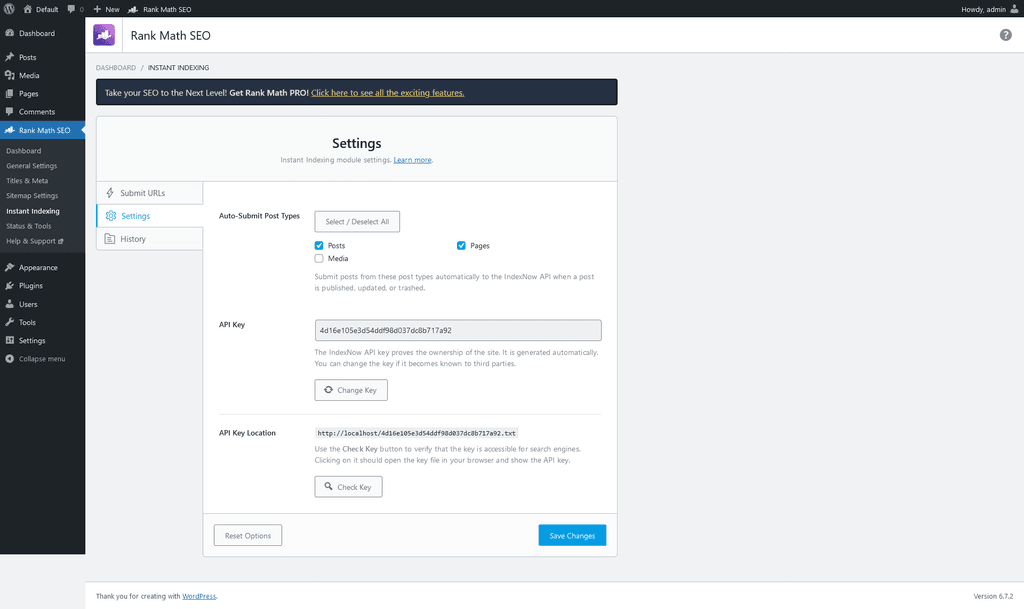 Instant Indexing > Settings tab.