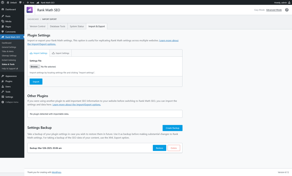 Status & Tools > Import & Export tab.