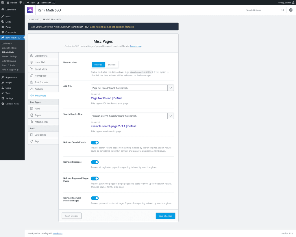 Titles & Meta > Misc Pages tab.