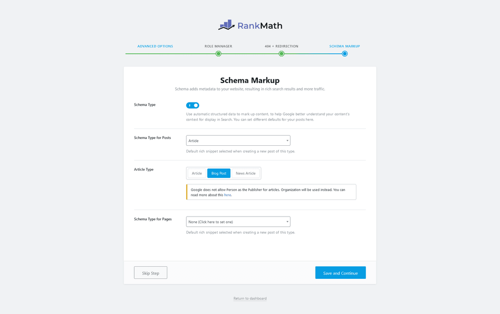 Setup wizard — Schema Markup.