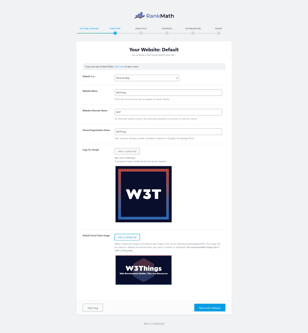 Setup wizard — site details.