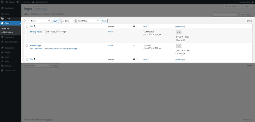 Viewing the SEO details of WordPress content.