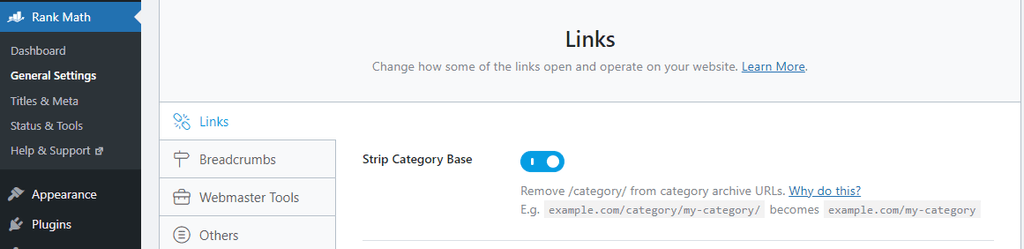 Removing category base from WordPress URL with Rank Math SEO plugin.
