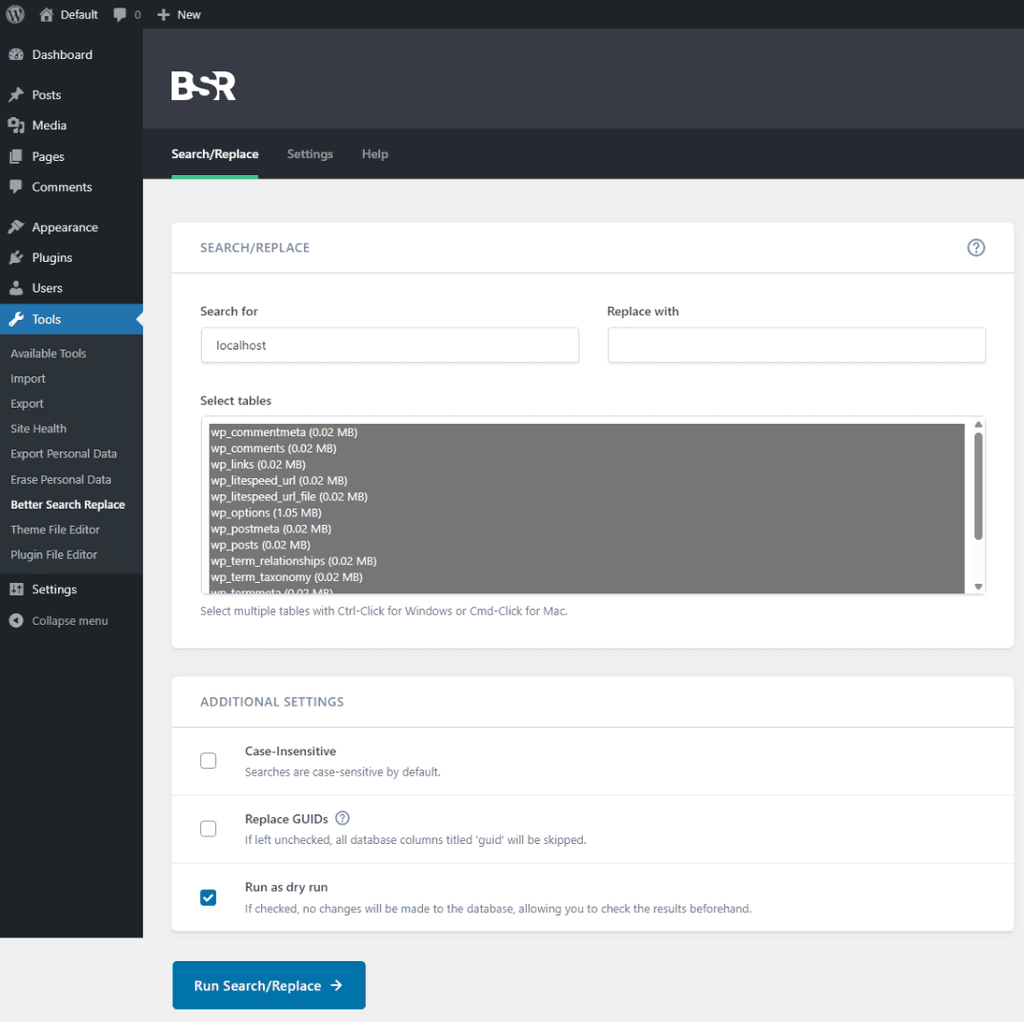 Searching and replacing the WordPress domain URL.