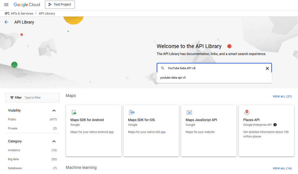 Searching for YouTube Data API v3.