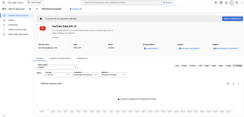 Creating credentials or an API key (option 1).