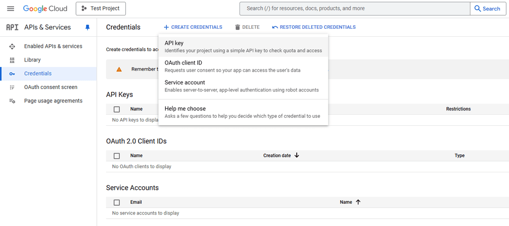 Creating credentials or an API key (option 2).